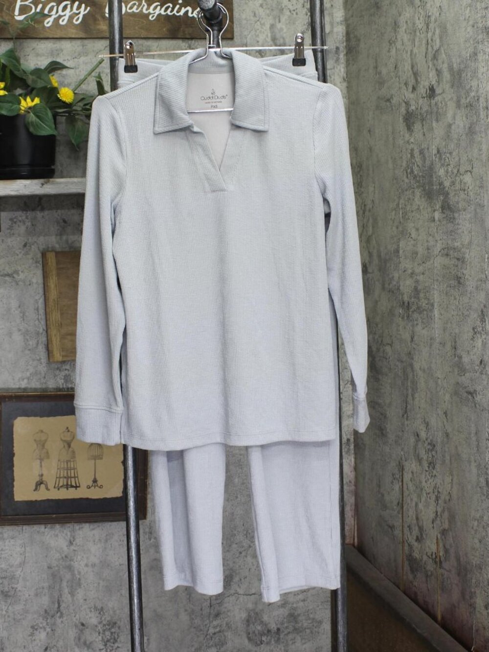 Cuddl Duds Womens Petite Soft Rib Knit 2-Piece Lounge Set A696246 Gray PXS